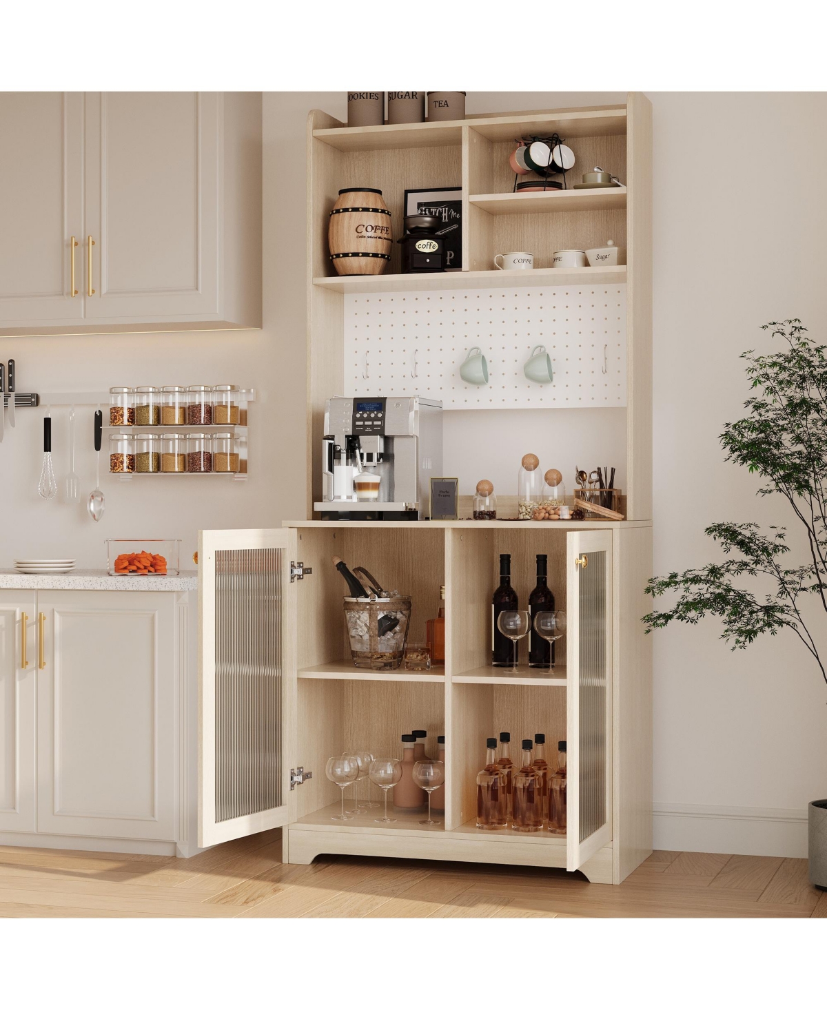 homfan Freestanding Pantry Hutch, 6-Tier Sideboard with Glass Doors, Pegboard Panel and Open Shelves for Kitchen, Dining Room Coffee Bar