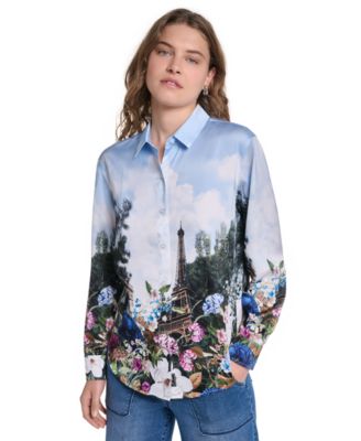 Petite Printed Collared Neck Blouse