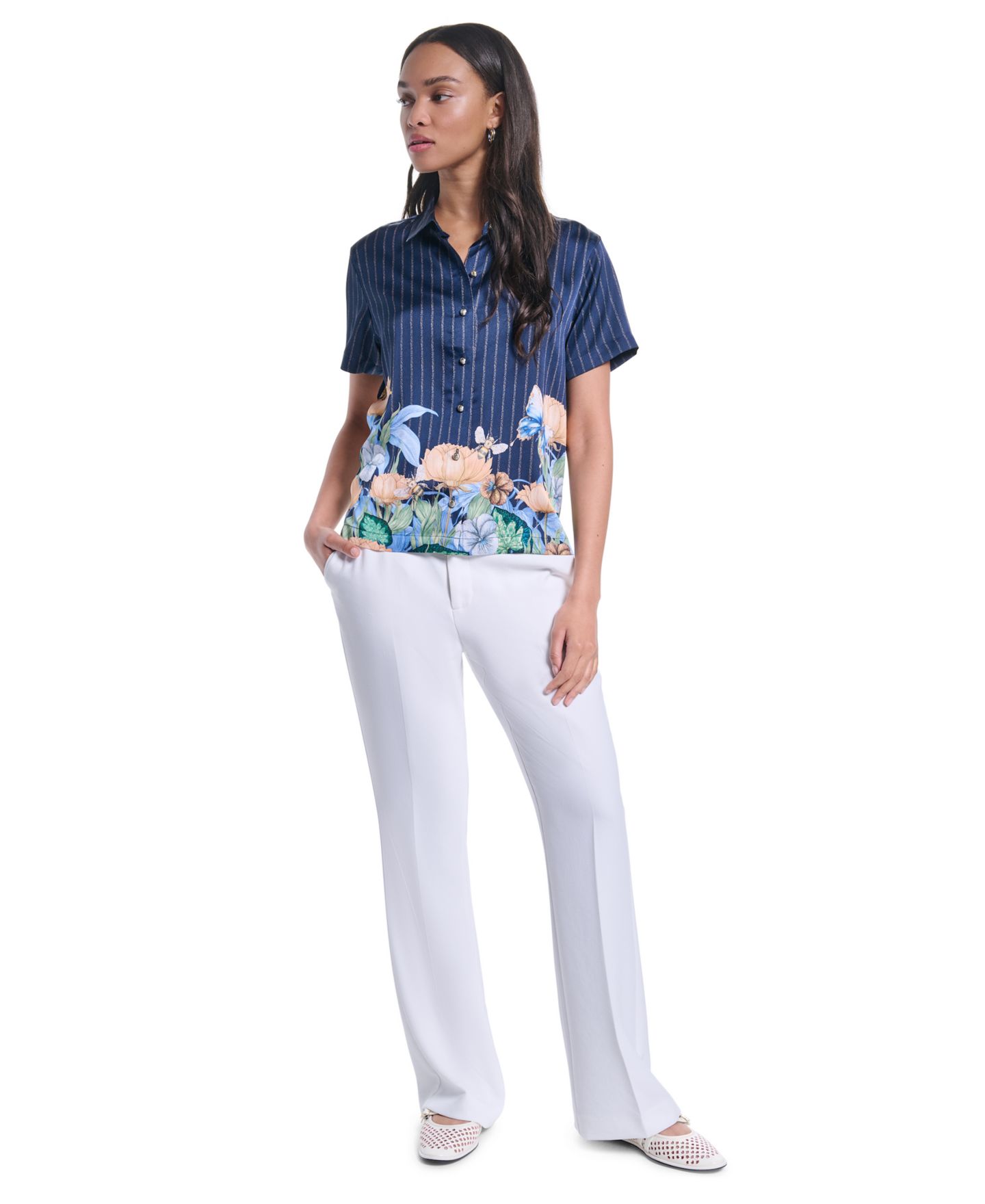 Женская блузка KARL LAGERFELD PARIS Petite Striped Floral Printed Button-Up Blouse, цвет: Разноцветный — фото 2