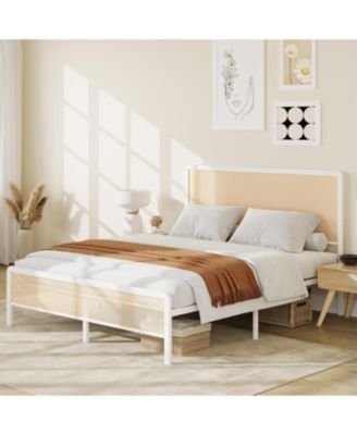 Modern Full Metal Bed Frame With Headboard Rattan Steel Slats Storage Space Noise Free