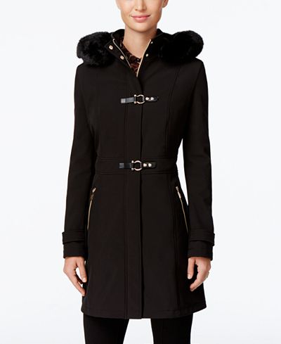Ivanka Trump Faux-Fur-Trim Hooded Softshell Raincoat