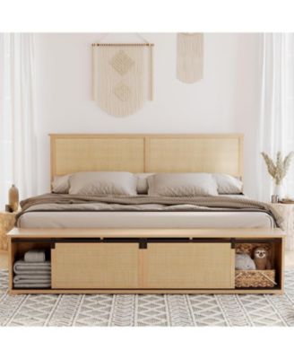 Full Rattan Bed with Storage Cabinets And LED, Boho