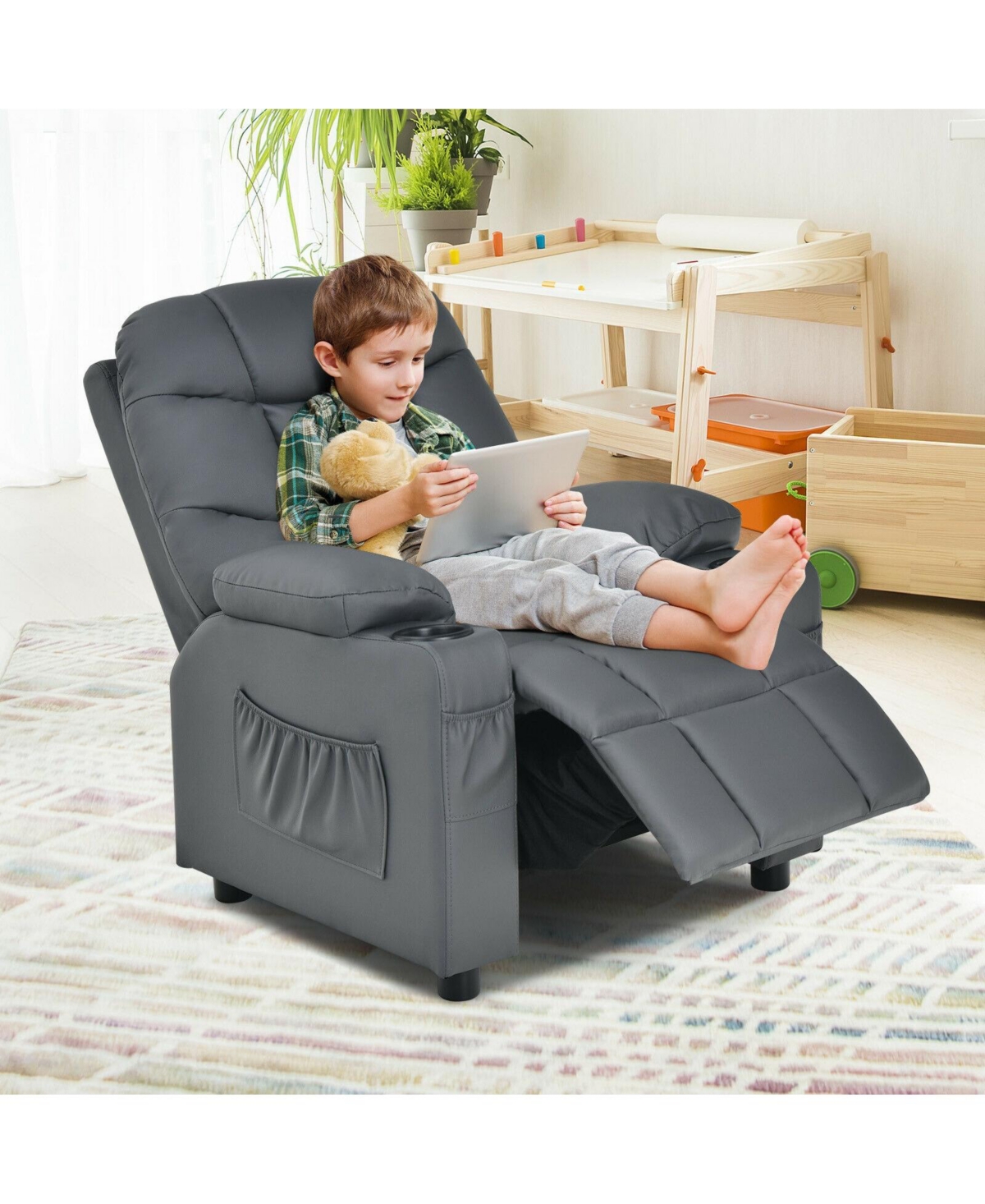 Gouun Kids Reclining Lounge Chair with Cup Holders, Side Pockets and Footrest