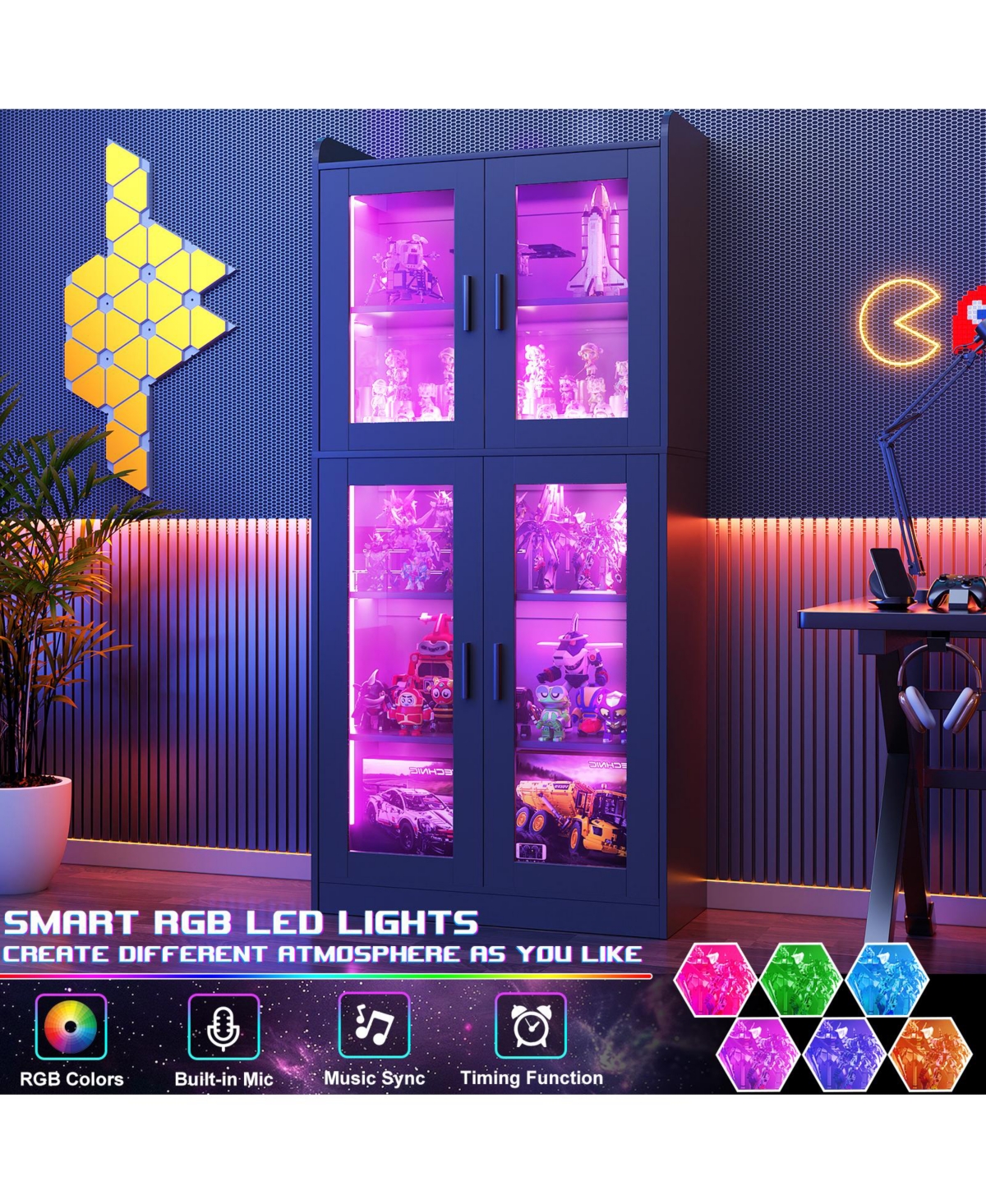 Aheaplus 5-Tier Tall Display Bookcase with Shelves and Glass Doors Led Lights