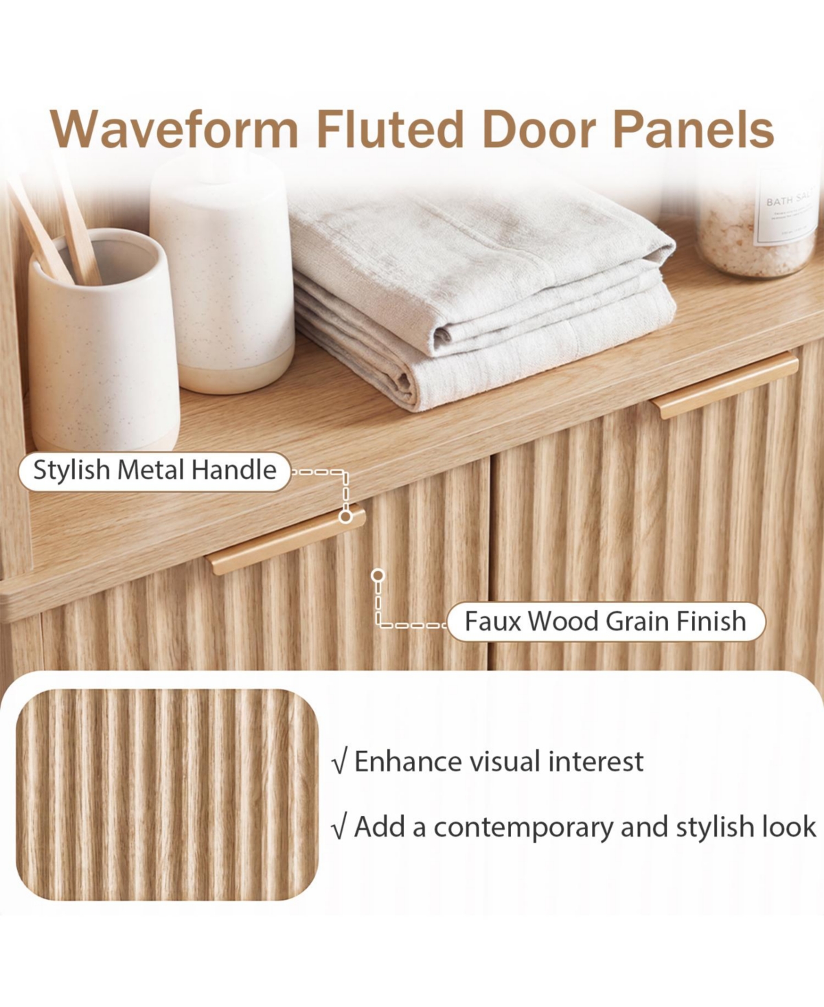 Volenca 68-in Tall Corner Bathroom Cabinet with Fluted Doors, 55-lb per Shelf