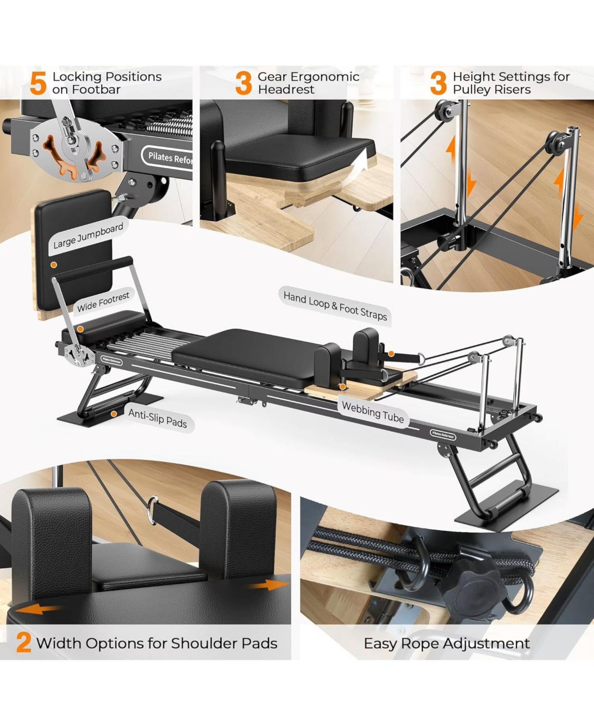 Fed Fitness Foldable Aluminum Pilates Reformer with Jump Board, Multifunctional Pilates Exercise Machine for Home Workout, 300 Lbs Weight Capacity