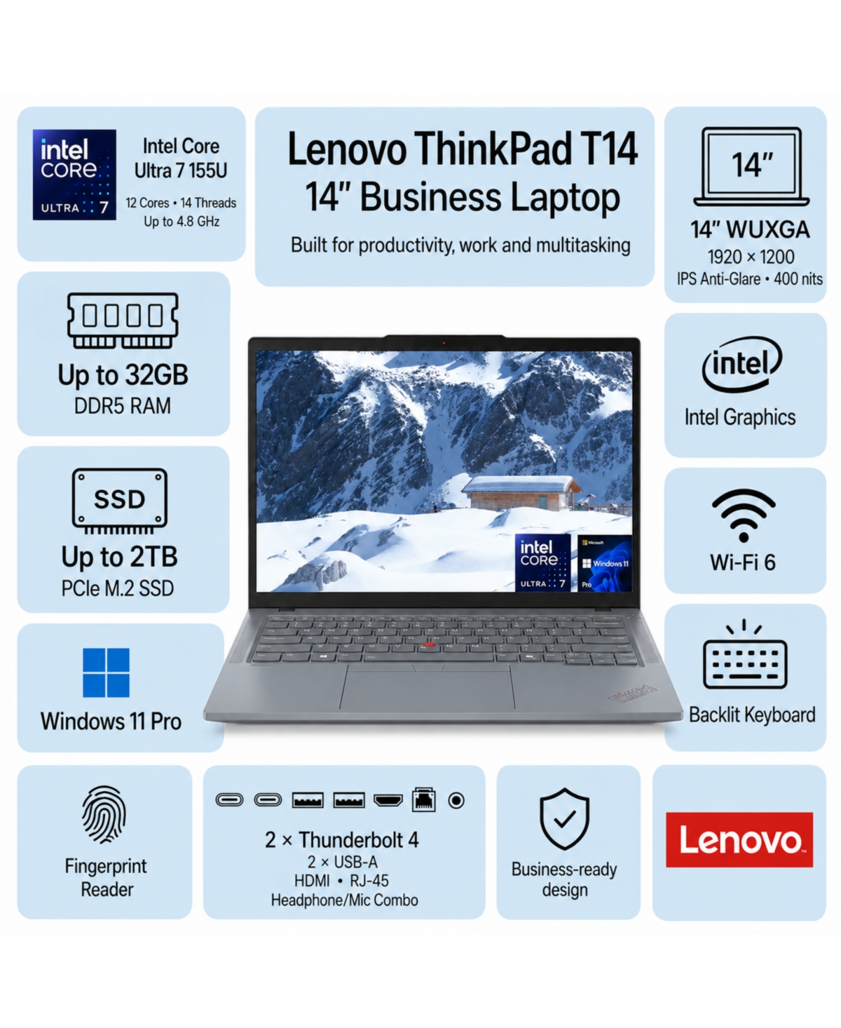 Lenovo ThinkPad T14 14" Traditional Laptop Intel Core Ultra 7 32GB Ram Intel Graphics 512GB Ssd Storage Windows 11 Pro 60Hz