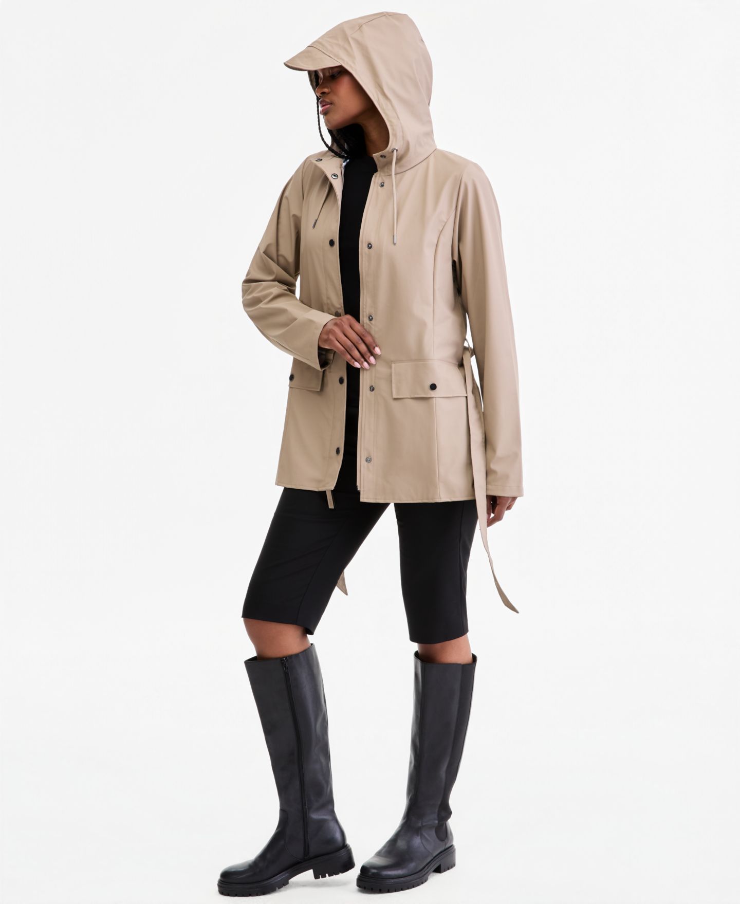 Женское пальто Rains Tie-Waist Snap-Front Hooded Rain Coat, цвет: Бежевый — фото 3