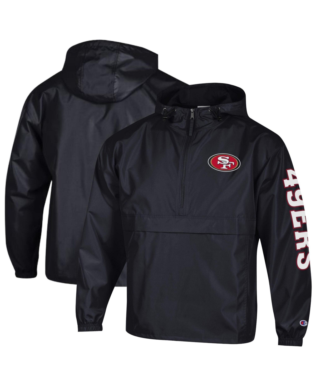 Champion Men's Black San Francisco 49ers Packable Hooded Windbreaker Half-Zip Jacket