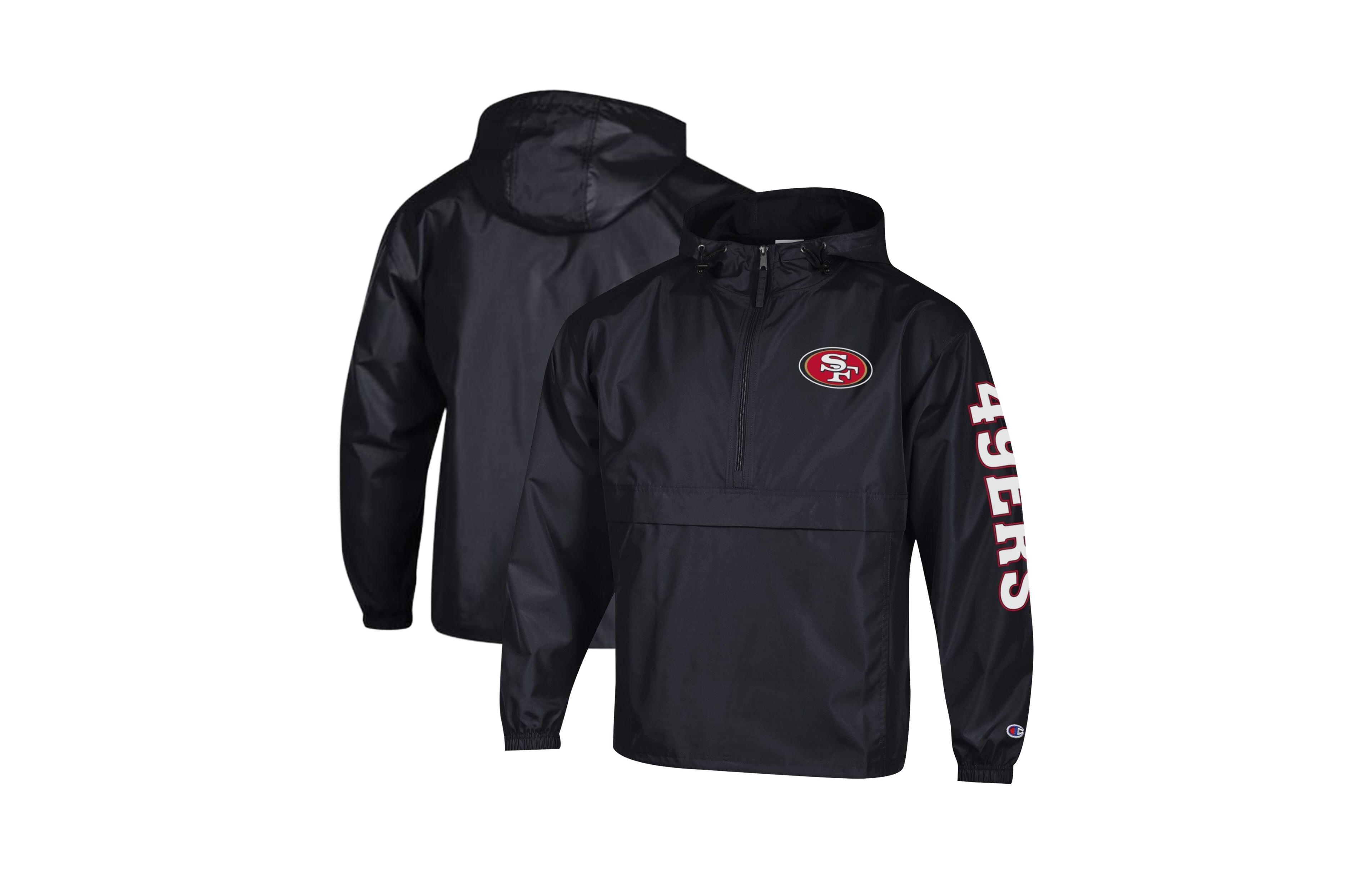 Champion Men's Black San Francisco 49ers Packable Hooded Windbreaker Half-Zip Jacket