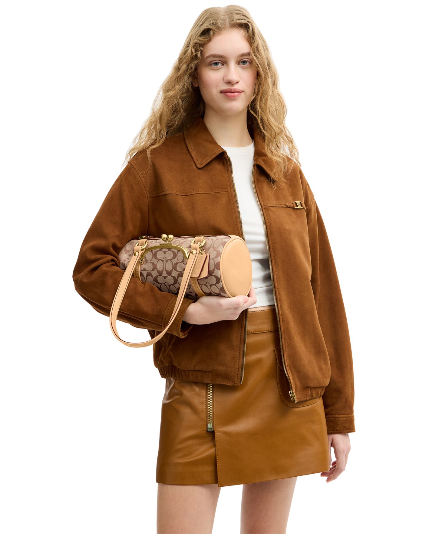 Женская сумка COACH Kisslock Small Signature Jacquard Barrel Shoulder 28, цвет: Латунный / Хаки персиковый — фото 4