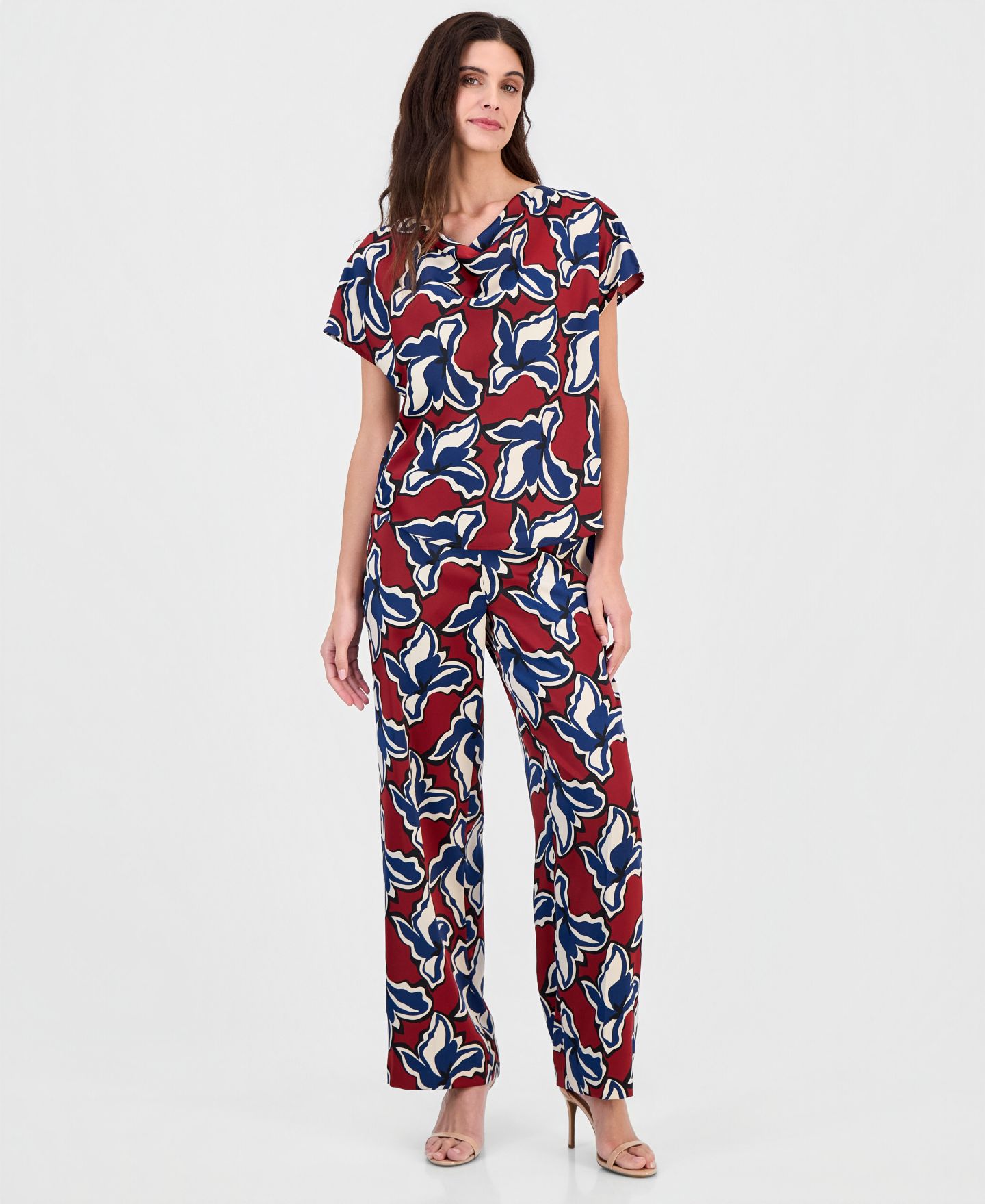 Женские брюки Anne Klein Printed Cowl-Neck Short-Sleeve Top & Printed Pull-On Wide-Leg, цвет: Ржавый разноцветный — фото 1