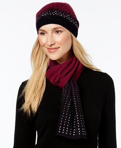 Rampage Rhinestud Ombré Beanie and Oblong Scarf Set, Only at Macy's