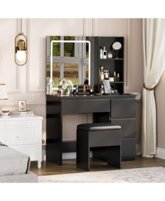 Vanity Desk with Mirror and LED Lights, 4 Drawers, Power Outlet, Storage Stool, Shelves, Hair Dryer Holder, 3-Mode Lighting, Vanity Set