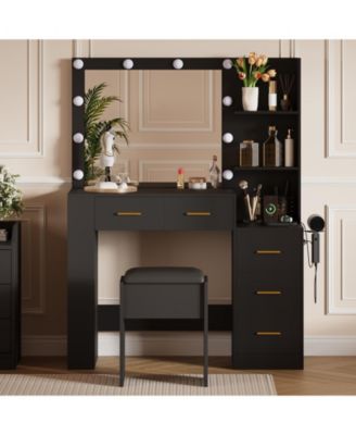 Makeup Vanity Desk with Mirror, 41'' Dressing Table, 10 Bulb LED, 3 Lighting Modes, 5 Drawers, Built-in Outlets, Cushioned Stool