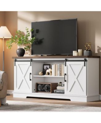 Farmhouse TV Stand for  TVs with Storage and Sliding Barn Doors, Adjustable Shelf Entertainment Console
