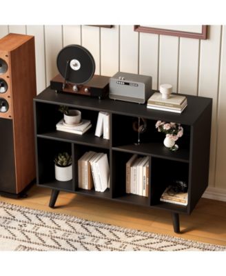 Modern Wooden Record Player Stand with Storage, Built in Charging Station and Open Shelves for Living Room, Bedroom and Office