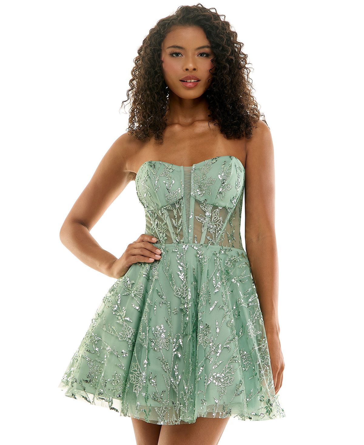 SENI & CADE Juniors' Glitter Strapless Bustier Corset Fit & Flare Mini Dress view 2 — MAYCSS fashion products