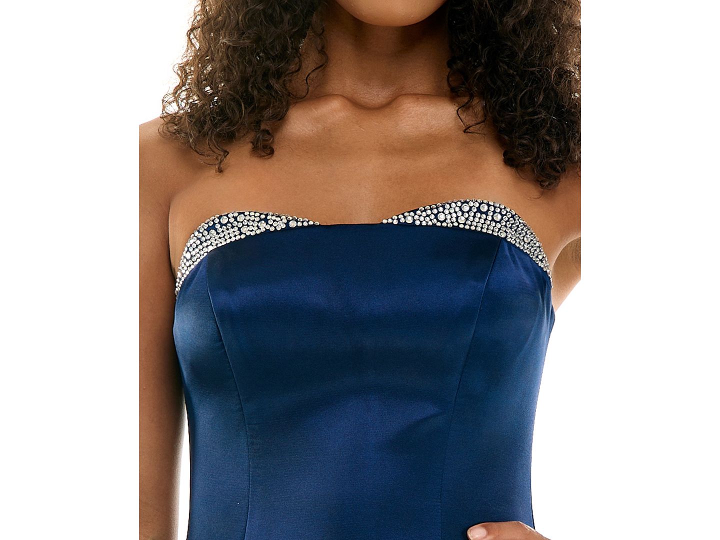 Женское платье SENI & CADE Juniors' Rhinestone Embellishment Tiered Strapless Mini, цвет: Тёмно-синий — фото 4