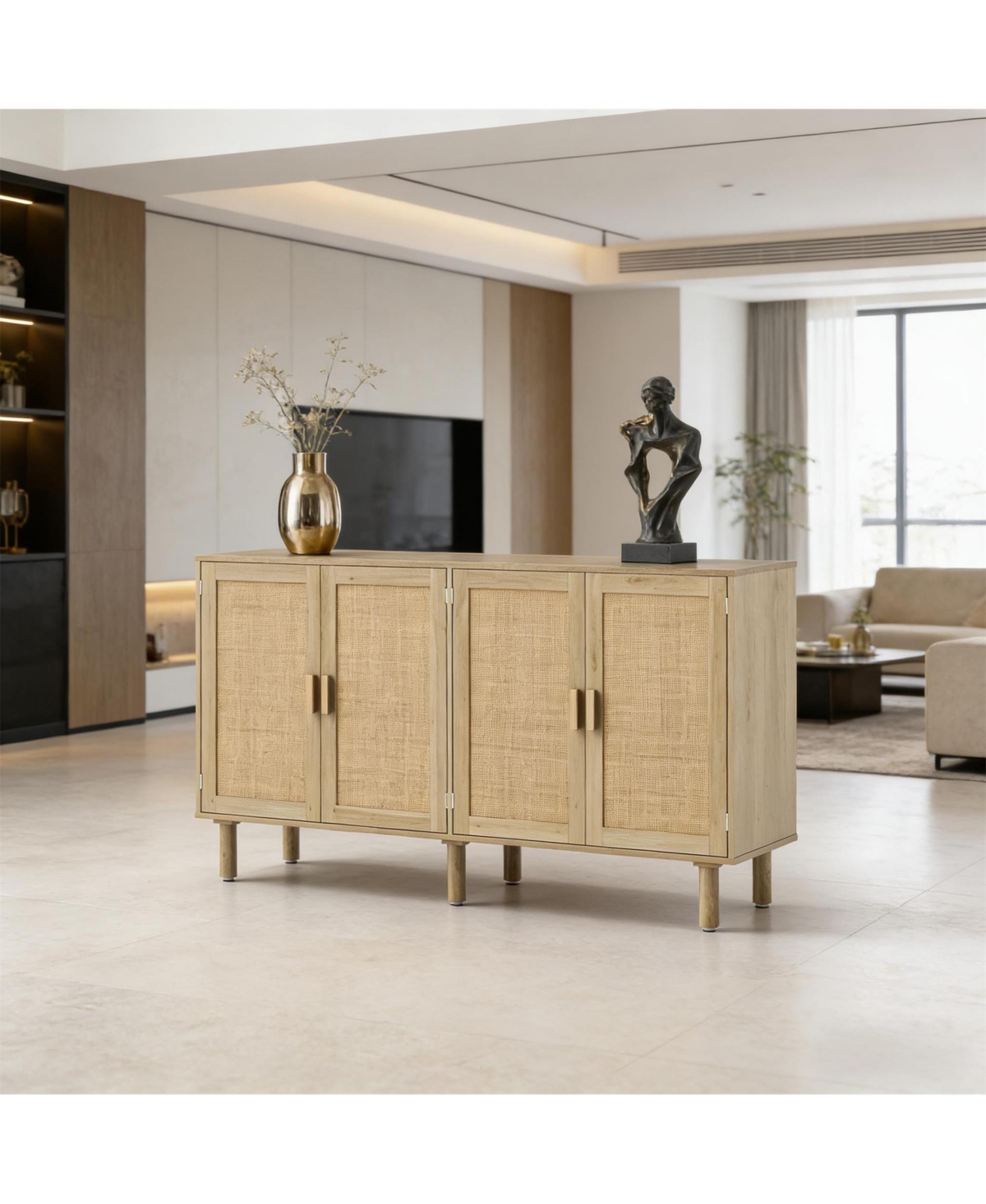 Clihome 62.2" Natural Rattan Storage Cabinet, 2-Door Sideboard Buffet Coffee Bar Cabinet