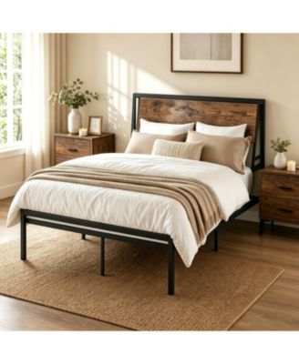 Metal Platform Bed Frame, Brown Heavy Duty Bed Frame with Ergonomic Headboard and Under Bed Storage for Bedroom