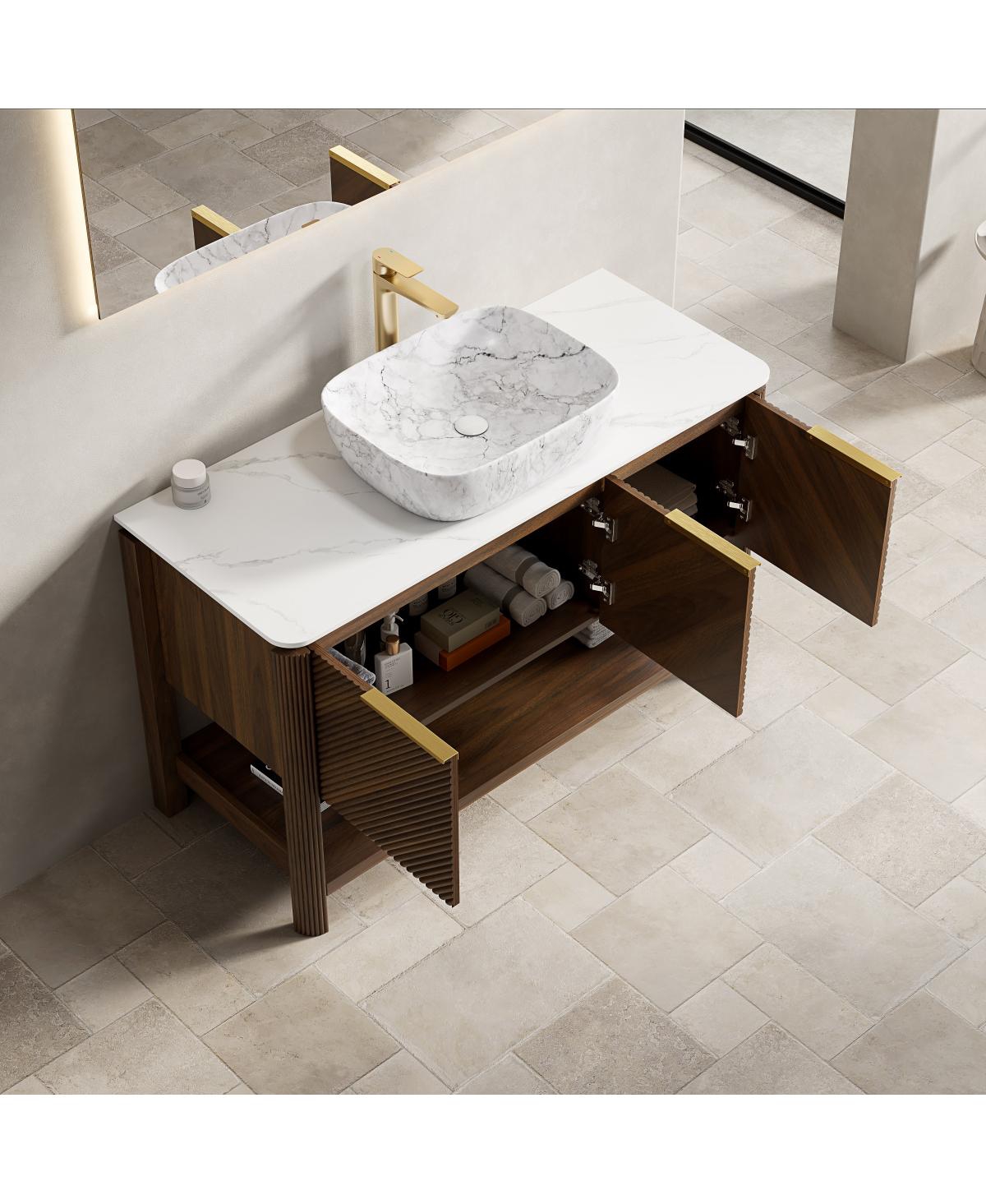 Sillysis Modern Bathroom Vanity with Vessel Sink, Sintered Stone Countertop, Soft Close Solid Wood 3D Doors