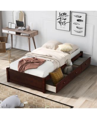 Twin Size Platform Bed with 3 Drawers, Solid Pinewood Storage Bed Frame, Wood Finish, for Kids and Teens