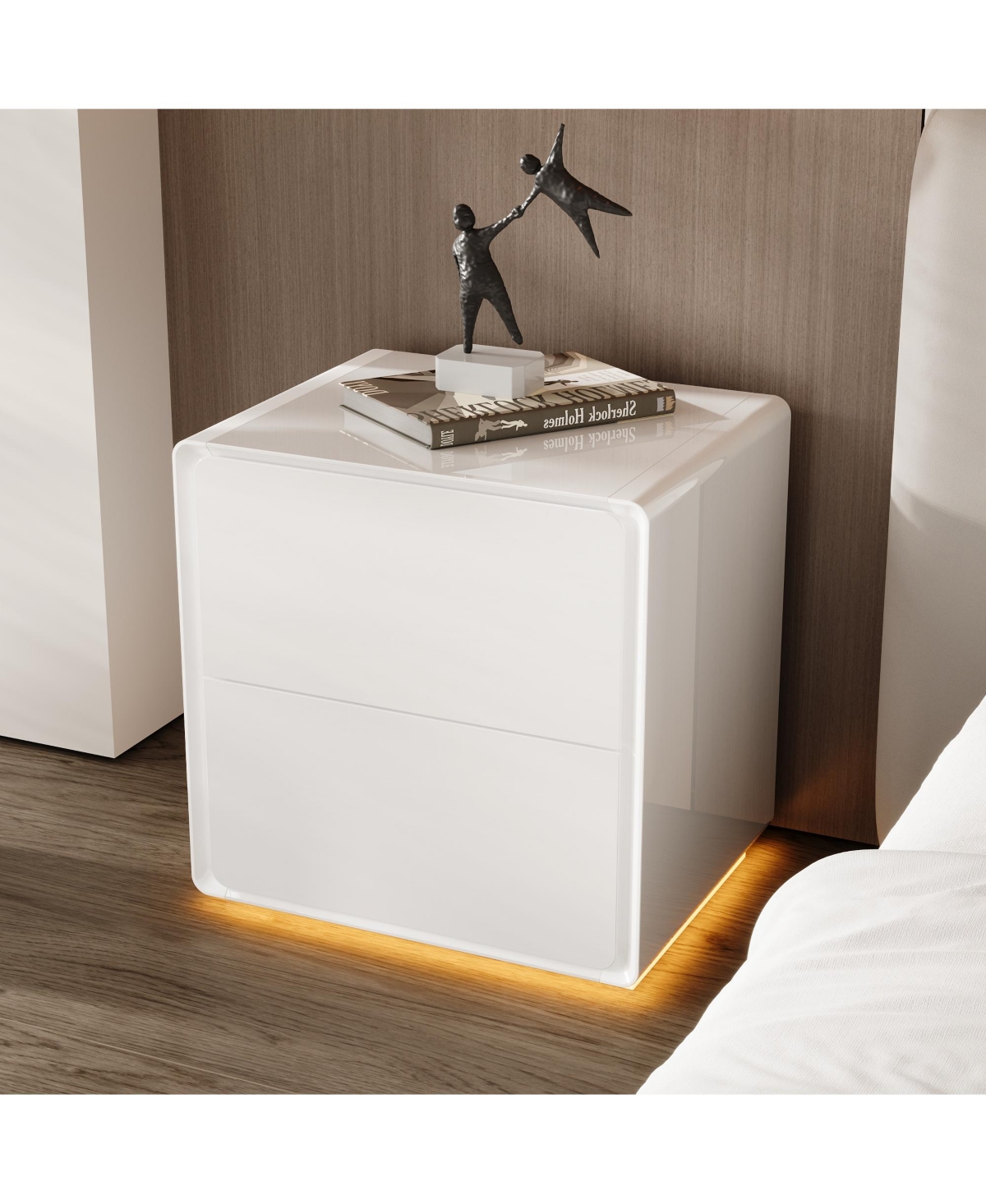 Homsee Modern Nightstand with Storage - 20-Inch Glossy Mdf Bedside Table with Led Light Strip | Minimalist Nightstand for Bedroom