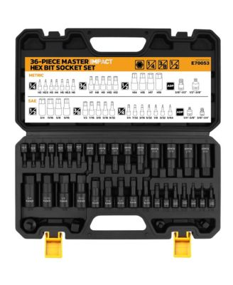 Hex Bit Impact Socket Set 36-Piece 1/4inch  3/8inch  1/2inch  Drive SAE Metric Cr-V Steel