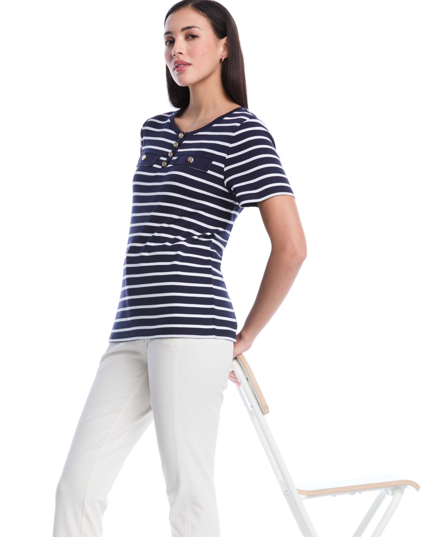 Женский топ Rafaella Petite Striped Welt Pocket Short-Sleeve, цвет: Peacoat — фото 5