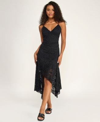black lace handkerchief dress Guipure Lace Dress with Bell Sleeves and Handkerchief Hem
