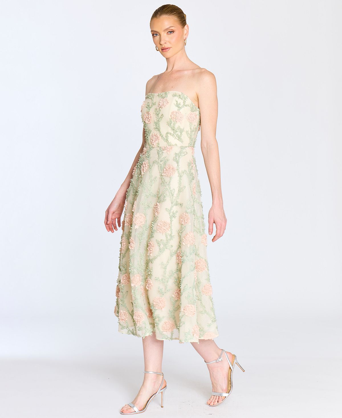 Marchesa Notte Women's Midi Strapless 3D Floral Embroidery Dress view 2 — MAYCSS fashion products