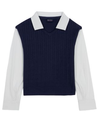 Girls' 7-16 Long-Sleeve Collared Neck Pull-On Shirt