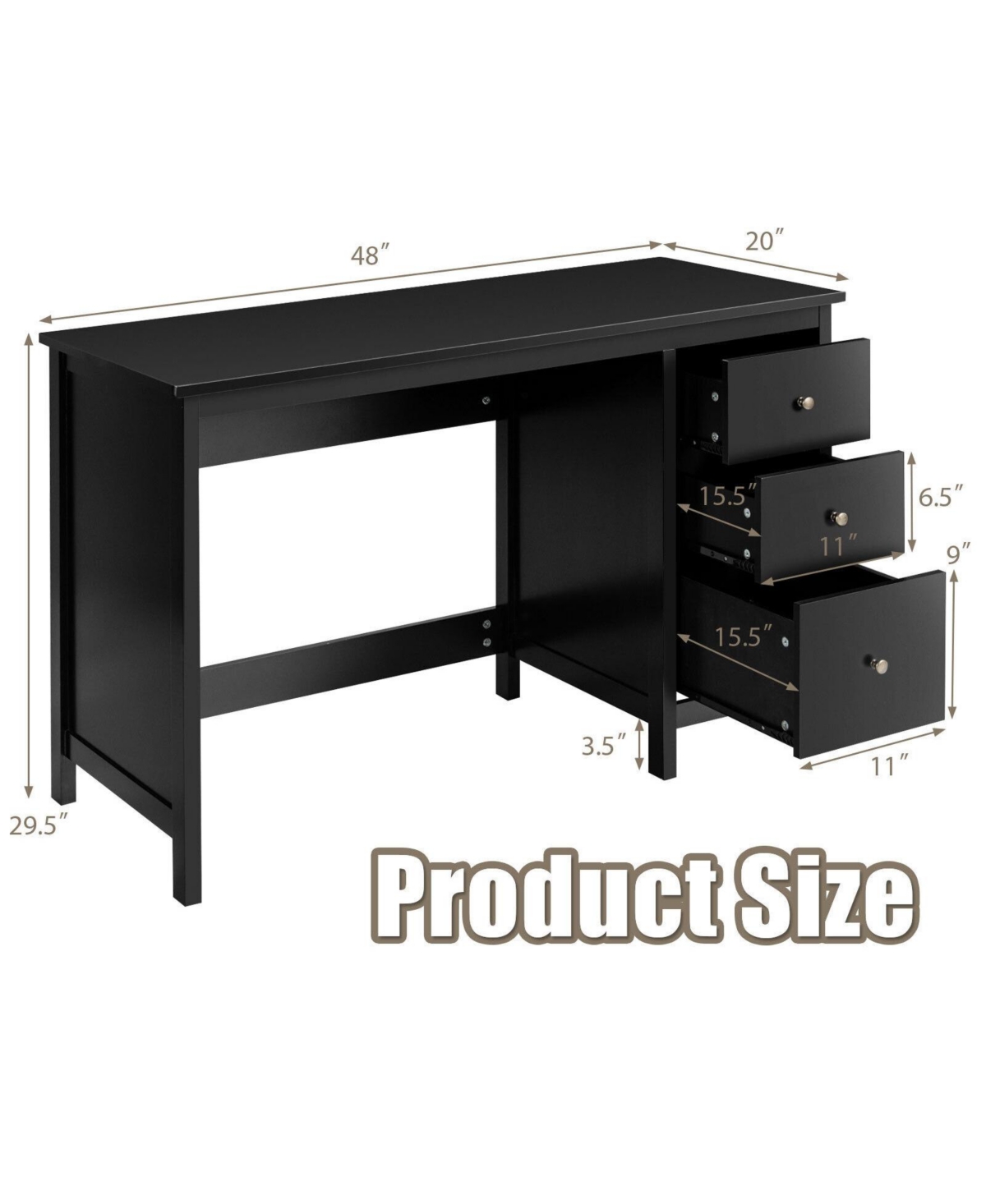 Gouun 3-Drawer Home Office Study Computer Desk with Spacious Desktop