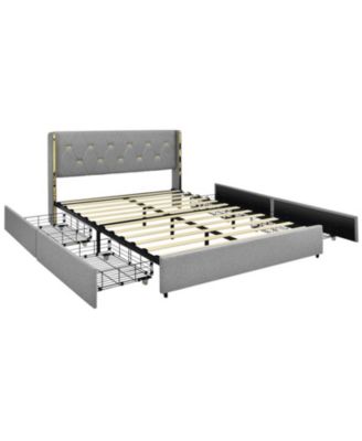 Full Upholstered Platform Bed Frame with Tufted Headboard and 4 Drawers