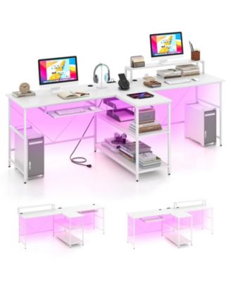 2-Person Computer Desk 94.5in LED Lights Monitor Stand Reversible