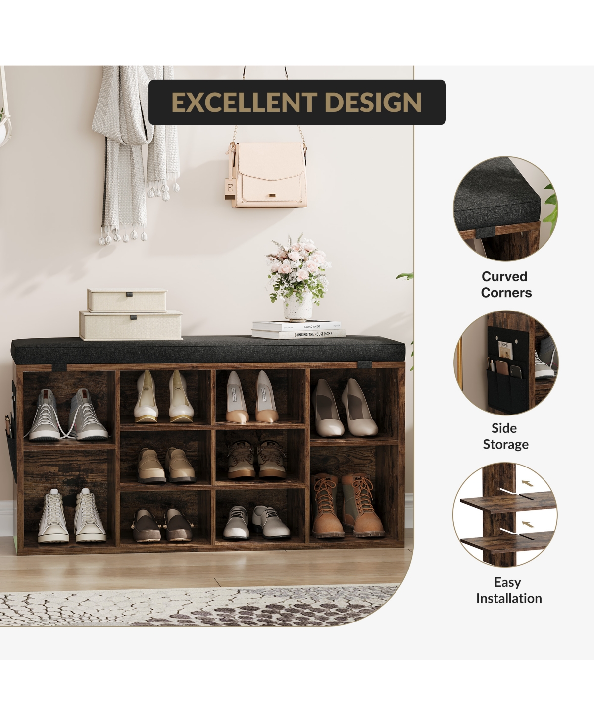 homfan Shoe Storage Bench, Upholstered 10 Cubbies Organizer with Cushion and Adjustable Shelves for Entryway