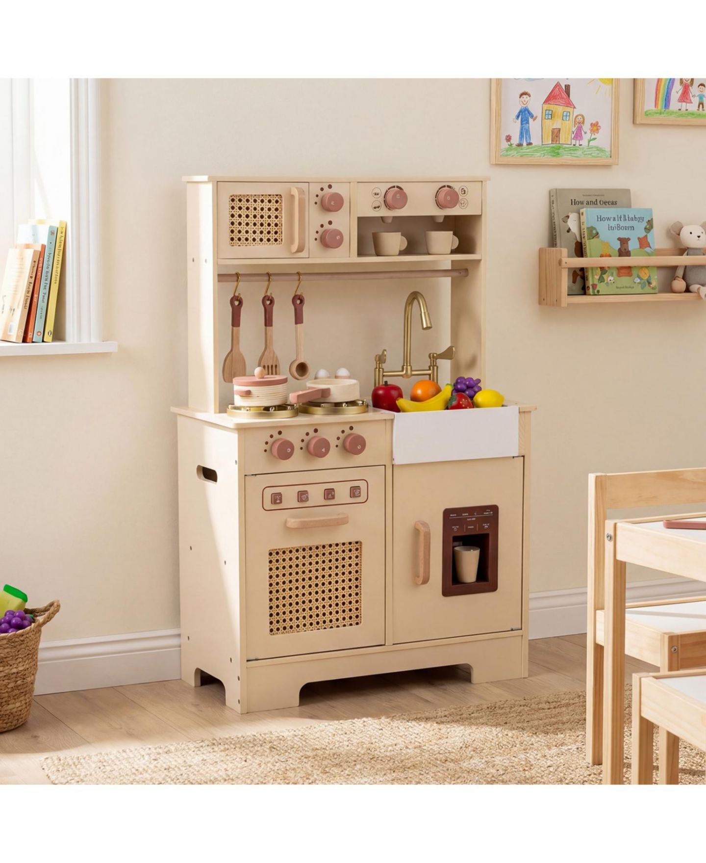 Детские игрушки Slickblue Kids' Wooden Play Kitchen with Realistic Lights and Sounds, 16-Piece Set, от 3 лет, цвет: Жёлтый — фото 2