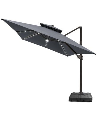 Outdoor Patio 10X13Feet Aluminum Double Canopy Solar Lights Cantilever Umbrella with Wheel Base
