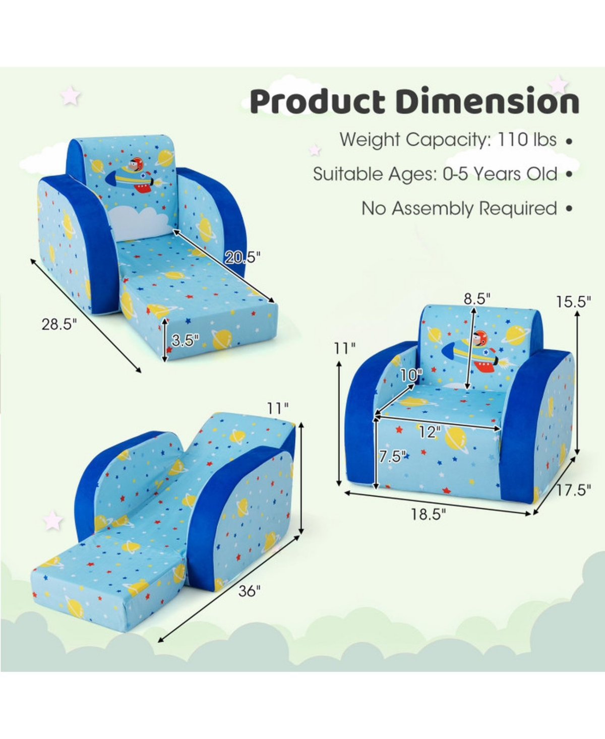 Gouun 3-in-1 Convertible Flip-Open Kids Sofa for Play and Nap