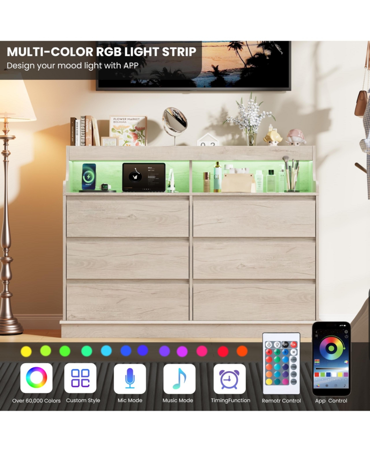 gaomon Dresser for Bedroom with 6 Drawers, Modern Chest Featuring Led Lights and Charging Station
