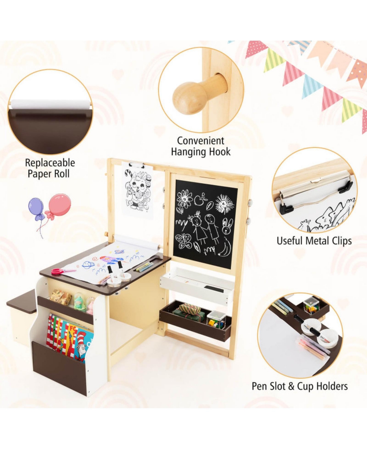 Gouun Kids Art Center with Double-Sided Easel and Storage Bench