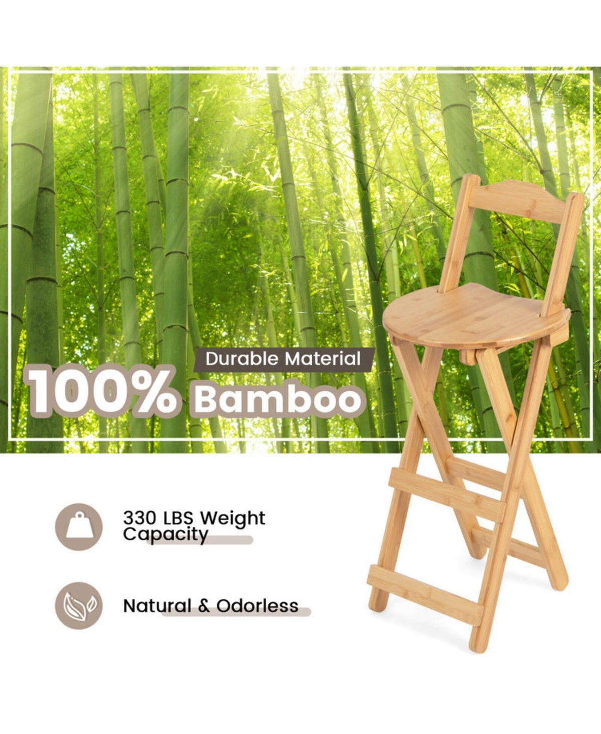 Gouun Set of 2 Folding Bamboo Bar Stools with Backrest, 24 in