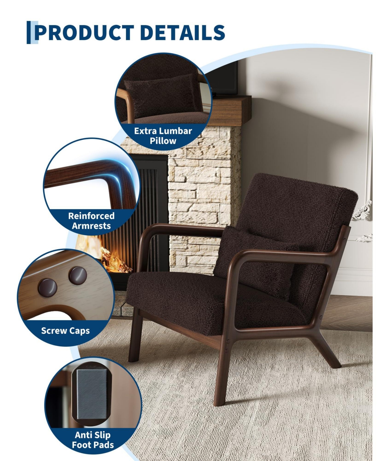 gaomon 2-Piece Snow Texture Fabric Reading Chairs, Mid-Century Style, Sturdy Wooden Frame, Equipped with Lumbar Pillows.