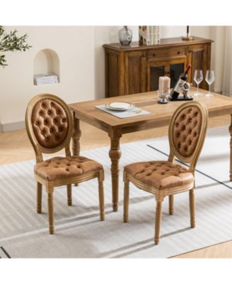 French Style Solid Wood Frame Antique Painting, Hand-pulled buckle decoration PU artificial leather Dining Chair,Set of 2