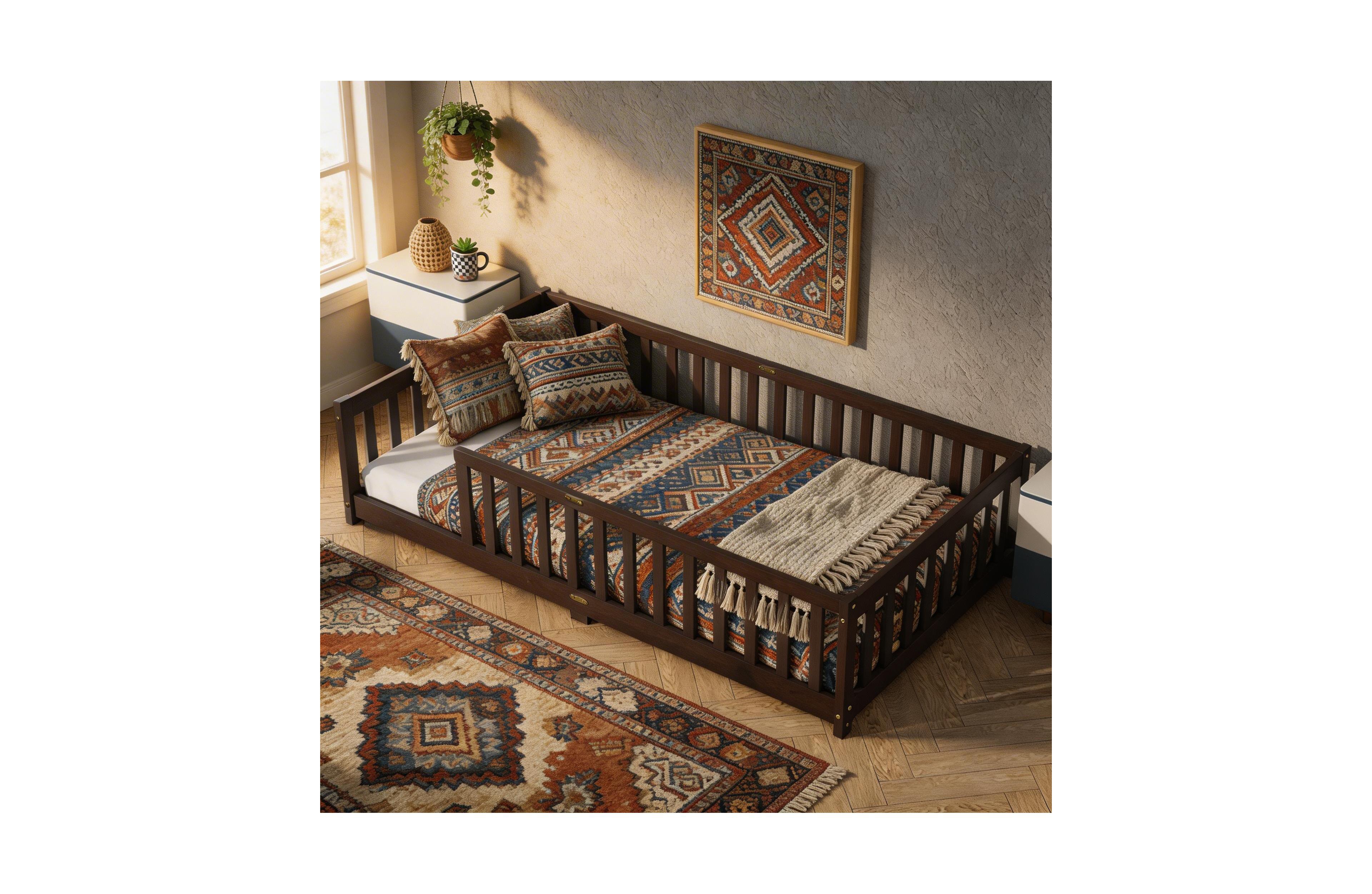 Sailvan Twin Floor Bed with Fence,Solid Rubber Wood Kids Bed Frame