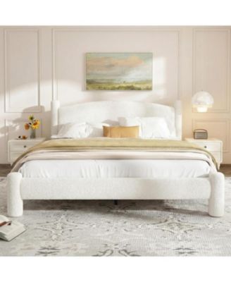 Boucle Bed Frame, Upholstered Platform Cloud Bed with Soft Round Headboard and Cylindrical Legs, Noise Free and Heavy Duty