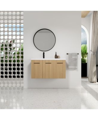 36 Inch Wall Mounted Bathroom Vanity with Resin Sink Top, Soft Close Doors, Space Saving Design for Modern Bathrooms