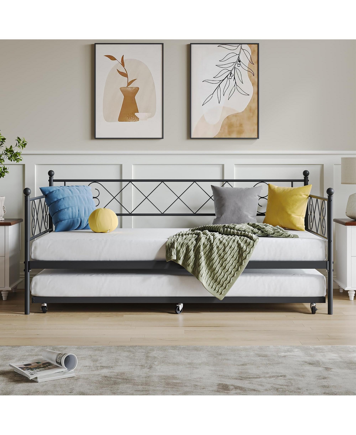 gaomon Daybed with Pull-Out Trundle, Steel Slats Support, Space-Saving Sofa Bed for Living Room and Guest