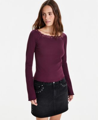 Women's Lace-Trim Scoop-Neck Long-Sleeve Top
